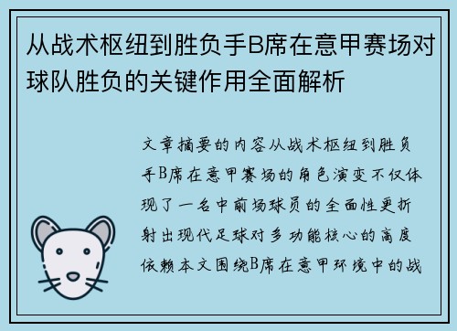 从战术枢纽到胜负手B席在意甲赛场对球队胜负的关键作用全面解析